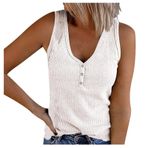 Kanpola Kadın Atlet Yaz Kolsuz Üst Giyim Crop Tops Moda Örgü Yelek Bluz V Yaka Kadın Tişört Gömlek Bluz Bol Günlük Yaz Üst Giyim Düğmeli, F - Beyaz, S
