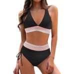 Kanpola kadın bikinisi, sportif mayo, Push Up dolgulu mayo, iki parçalı mayo, vintage, derin V yaka üst + yüksek bel bikini altı, ipli mayo, plaj modası, Siyah, XXL