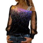 Kanpola Kadın Bluz Tişört Kadın Uzun Kollu Sweatshirt Seksi Omzu Açık Gömlek Bluz Parlak Dantelli Uzun Kollu İlkbahar Yaz Üst Parça Tunik Üstler Şık Gömlek Bluz Sokak, A-lila, XL