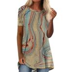 Kanpola Kadın Bluz Yaz Üst Parça Kısa Kollu Yuvarlak Yaka Bol Tunik Üst Giyim Uzun Gömlek Moda Renkli Baskılı Uzun Bluz Bol Günlük Şık Tişört Bluz Spor Tişört Yaz Gömleği Üst, Zl - Mavi, XXL