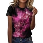 Kanpola kadın bluzu, şık, yuvarlak yaka, kısa kollu, moda, renkli, baskılı, tunik bluz, tişört, yazlık, üst giyim, genç, kız spor tişörtü, gündelik, bol kesim, gömlek, yazlık üst giyim, E-pembe, L