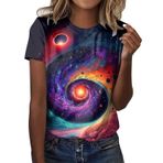 Kanpola kadın bluzu, yazlık tişört, kısa kollu bluz, yuvarlak yakalı, 3D baskılı, genç kız kazağı, tunik tişört, basic üst giyim, bol bluz tişört, bluz üstleri, B-lila, M