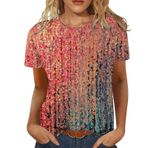 Kanpola kadın gömlek bluz, yuvarlak yaka, kısa kollu, moda, renkli, baskılı, tunik bluz, tişört, bol yaz üst giyim, genç kız spor tişörtü, boş zaman, bluz, pamuklu üst giyim, sıcak gül rengi, L
