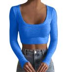 Kanpola kadın kazağı, seksi U yaka, Crop Tops çizgili bluz, ilkbahar, yaz, uzun kollu tişört, sweatshirt, basic tişört, genç kız tişörtü, dar kesim, üst giyim, sokak giyimi, Mavi-b, M