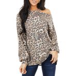 Kanpola kadın kazağı, uzun kollu tişört, leopar, yuvarlak yaka, sweatshirt, ilkbahar, yaz, bol gömlek, bluz, moda, şık, üst giyim, üst giyim, E - Kahverengi, S