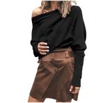 Kanpola kadın kazak, sweatshirt, seksi, omzu açık, uzun kollu tişört, ilkbahar, yaz, tek renkli, modaya uygun, şık gömlek, bol üst giyim, A - Siyah, XL