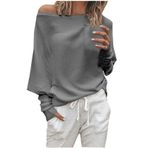 Kanpola kadın kazak, sweatshirt, seksi, omzu açık, uzun kollu tişört, ilkbahar, yaz, tek renkli, modaya uygun, şık gömlek, bol üst giyim, B - Gri, L