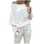Kanpola kadın kazak, sweatshirt, seksi, omzu açık, uzun kollu tişört, ilkbahar, yaz, tek renkli, modaya uygun, şık gömlek, bol üst giyim, D - Beyaz, M
