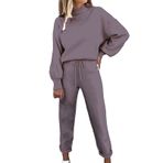 Kanpola kadın koşu kıyafeti, balıkçı yaka, eşofman takımı, 2 parçalı gündelik kıyafet, kadın, uzun kollu kazak, sweatshirt + uzun pantolon, büzgülü kıyafet, bol spor kıyafeti, sokak giyimi, Mor, M