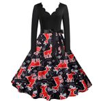 Kanpola Kadın Noel Elbisesi Gece Elbisesi Büyük Beden V Yaka Hepburn Elbise Pileli Etek Kış Uzun Kollu Noel Elbisesi Fermuarlı Vintage Slim Fit Parti Elbisesi, B - Siyah, S