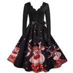 Kanpola Kadın Noel Elbisesi Gece Elbisesi Büyük Beden V Yaka Hepburn Elbise Pileli Etek Kış Uzun Kollu Noel Elbisesi Fermuarlı Vintage Slim Fit Parti Elbisesi, U - Siyah, M