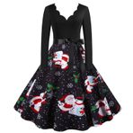 Kanpola Kadın Noel Elbisesi Gece Elbisesi Büyük Beden V Yaka Hepburn Elbise Pileli Etek Kış Uzun Kollu Noel Elbisesi Fermuarlı Vintage Slim Fit Parti Elbisesi, Zf - Siyah, XXL
