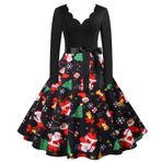 Kanpola Kadın Noel Elbisesi Gece Elbisesi Büyük Beden V Yaka Hepburn Elbise Pileli Etek Kış Uzun Kollu Noel Elbisesi Fermuarlı Vintage Slim Fit Parti Elbisesi, Zi - Siyah, XL