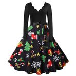 Kanpola Kadın Noel Elbisesi Gece Elbisesi Büyük Beden V Yaka Hepburn Elbise Pileli Etek Kış Uzun Kollu Noel Elbisesi Fermuarlı Vintage Slim Fit Parti Elbisesi, Zk - Siyah, L