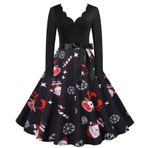 Kanpola Kadın Noel Elbisesi Gece Elbisesi Büyük Beden V Yaka Hepburn Elbise Pileli Etek Kış Uzun Kollu Noel Elbisesi Fermuarlı Vintage Slim Fit Parti Elbisesi, Zo - Siyah, XL