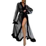 Kanpola kadın sabahlık, uzun, dantelli, gecelik, iç çamaşırı seti, saten kemerli, şeffaf, kimono, kadın iç çamaşırı, sabahlık, pelüş kollu, gece elbisesi, gecelik, pijama, Siyah-c, S