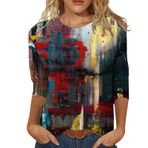 Kanpola kadın tişörtü, büyük beden, 3/4 kollu, tunik bluz, tişört, kelebek baskılı, yuvarlak yaka, bluz, yazlık tişört, gömlek bluz, üst giyim, gündelik, bol üst, şık spor tişört, Şarap., S