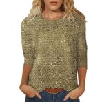 Kanpola kadın üst giyim, yazlık, bol 3/4 kollu, tunik bluz, tişört, renkli baskılı, yuvarlak yaka, kısa kollu, basic üst giyim, genç kız spor tişörtü, rahat gömlek, yazlık tişört, A-haki., L