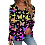 Kanpola kazak, kadın, gündelik, V yaka, tunik, bluz, vintage baskılı, uzun kollu, üst giyim, gömlek, ilkbahar, yaz, sweatshirt, rahat, nefes alır, bluz tişört, üst giyim, A-lila, XL