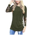 Kanpola kazak, kadın sweatshirt, leopar, uzun kollu tişört, yuvarlak yaka, düğmeli bluzlar, ilkbahar, yaz, dar kesim, gömlek, gündelik, sokak giyimi, üst giyim, A - Ordu Yeşili, M