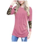 Kanpola kazak, kadın sweatshirt, leopar, uzun kollu tişört, yuvarlak yaka, düğmeli bluzlar, ilkbahar, yaz, dar kesim, gömlek, gündelik, sokak giyimi, üst giyim, D - Pembe, XXL