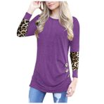 Kanpola kazak, kadın sweatshirt, leopar, uzun kollu tişört, yuvarlak yaka, düğmeli bluzlar, ilkbahar, yaz, dar kesim, gömlek, gündelik, sokak giyimi, üst giyim, E - Eflatun, XXL