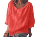 Kanpola keten bluz, kadın, 3/4 kol, tişört, tişört, yaz, yuvarlak yaka, büyük beden, bol, gündelik, pamuk, keten bluz, tek renkli, sweatshirt, yazlık tişört, hafif gömlek bluz, Pembe., L