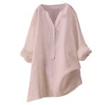 Kanpola keten bluz, kadın, büyük beden, tek renkli, uzun kollu tişört, V yaka, pamuk, keten, gömlek, ilkbahar, yaz, sweatshirt, basic tek renkli, üst giyim, A-pembe, L