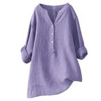 Kanpola keten bluz, kadın, büyük beden, tek renkli, uzun kollu tişört, V yaka, pamuk, keten, gömlek, ilkbahar, yaz, sweatshirt, basic tek renkli, üst giyim, B-lila, 4XL