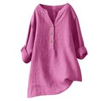 Kanpola keten bluz, kadın, uzun kollu, üst parça, gömlek, tişört, büyük beden, V yaka, sweatshirt, ilkbahar, yaz, düğmeli, rahat, nefes alır, pamuk, keten tişört, 1 sıcak pembe., L