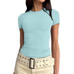 Kanpola kısa kollu tişört, kadın, pamuk, Crop üst, yuvarlak yaka, bluz, tunik, tek renkli, sweatshirt, Y2K yazlık tişört, slim fit bluz, üst parça, sokak giyimi, Gök mavisi, XL