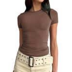 Kanpola kısa kollu tişört, kadın, pamuk, Crop üst, yuvarlak yaka, bluz, tunik, tek renkli, sweatshirt, Y2K yazlık tişört, slim fit bluz, üst parça, sokak giyimi, Kahverengi, S