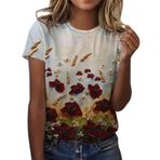 Kanpola kısa kollu tişört, kadın, tüy baskılı, yuvarlak yaka, bluz, tunik, bol yaz tişörtü, üst giyim, basic tunik, üst giyim, kadın gömleği, rahat, bol bluz, yazlık bluz, beyaz- 1, L