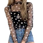 Kanpola Mesh üst giyim, kadın, uzun kollu tişört, hafif, şeffaf, tül file bluz, Cover Up Y2K Flare Sleeve Cropped Top balıkçı yaka tişört gömlek bluz sokak giyimi yaz tişörtleri, Siyah, Tek Beden