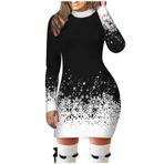 Kanpola Noel Elbisesi Kadın Kazak Elbise Kar Tanesi Baskılı Sweatshirt Kış Uzun Kollu Kazak Elbise Moda Noel Parti Elbiseleri Gömlek Elbiseleri Dar Etek, Siyah, XL