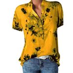Kanpola P Sarı Gömlek Tarz Uzun Kısa Kollu Çiçek Baskılı Tunik Yazlık Üst Giyim Yakalı Gündelik A Bluz Tarz Kadın T-shirt