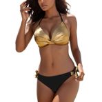 Kanpola Push Up Bikini Kadın Seksi Boyundan Bağlı İki Parçalı Mayo Kupalı Parlak Üçgen Bikini Üstü + String Bikini Altı Ayarlanabilir Mayo Plaj Modası, Altın, L