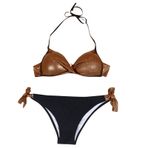 Kanpola Push Up Bikini Kadın Seksi Boyundan Bağlı İki Parçalı Mayo Kupalı Parlak Üçgen Bikini Üstü + String Bikini Altı Ayarlanabilir Mayo Plaj Modası, Kahverengi, L