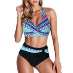 Kanpola Shape Bikini Kadın Push Up Mayo İki Parçalı Renk Geçişli Boyundan Bağlı Bikini Üstü Yüksek Bel Göbek Kapalı Mayo Bikini Altı Mayo Plaj Modası, Mavi, 4XL