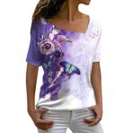 Kanpola Shirts Kadın Yaz Büyük Beden V Yaka Tunik Üst Giyim Moda Renkli Baskılı Bol Uzun Bluz Gömlek Bluz Kısa Kollu Yaz Üstleri Rahat Bol Tişört Üst Giyim, D-Lila, XXL