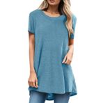 Kanpola Shirts Kadın Yaz Kısa Kollu Yuvarlak Yaka Bol Tunik Üst Giyim Moda Renkli Baskılı Bol Uzun Bluz Gömlek Bluz Genç Kız Spor Tişörtü Basic Tişört Zarif Yaz Tişörtü Yaz Üst, Mavi, 5XL