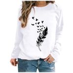 Kanpola Sweatshirt Kadın Uzun Kollu Üst Parça Gömlek Tişört Moda Tüy Baskı Tunik Bluz İlkbahar Yaz Yuvarlak Yaka Kazak Moda Bol Bluz Tişört Üst, Beyaz, L