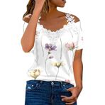Kanpola T Shirt Kadın Kısa Kollu Seksi Açık Omuz Tunik Bluz Gömlek Çiçek Baskılı Dantel Bluz Moda İlkbahar Yaz Kadın Bluz Büyük Beden Basic Gömlek Tee Tops Bol Yaz Tişörtü, 1-beyaz, XL