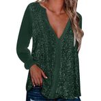 Kanpola T-Shirt Kadın Uzun Kollu Pullu Bluzlar İlkbahar Yaz V Yaka Kazak Rahat Sweatshirt Parlak Gömlek Bluz Üstler Karnaval Kostümleri, Yeşil., S
