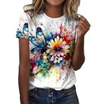 Kanpola Tişört Kadın Kısa Kollu Yaz Üstleri Moda Renkli Çiçek Baskılı Tunik Bluz Gömlek Yaz Yuvarlak Yaka Büyük Beden Üst Giyim Kadın Gömlek Bluz Rahat Bol Kısa Kollu Tişört Üst Giyim, Beyaz-A, M