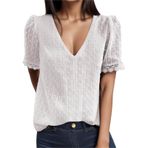 Kanpola tişört, kadın, pamuk, üst giyim, kısa kollu, V yaka, gömlek, tek renkli, sweatshirt, yazlık tişört, dantelli bluz, genç kız spor tişörtü, bol bluz, tunik, yaz üst giyim, Beyaz, S