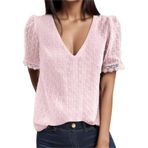 Kanpola tişört, kadın, pamuk, üst giyim, kısa kollu, V yaka, gömlek, tek renkli, sweatshirt, yazlık tişört, dantelli bluz, genç kız spor tişörtü, bol bluz, tunik, yaz üst giyim, Pembe., M