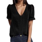 Kanpola tişört, kadın, pamuk, üst giyim, kısa kollu, V yaka, gömlek, tek renkli, sweatshirt, yazlık tişört, dantelli bluz, genç kız spor tişörtü, bol bluz, tunik, yaz üst giyim, Siyah, XL