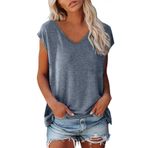 Kanpola Top kadın şık V yaka tişört kolsuz tunik bluz tişört tek renkli sweatshirt yazlık tişört basic gömlek tişört üst giyim genç kız spor tişört bol kesim bluz üst giyim plaj modası, Gy1 #1, L