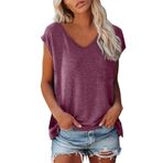 Kanpola Top kadın şık V yaka tişört kolsuz tunik bluz tişört tek renkli sweatshirt yazlık tişört basic gömlek tişört üst giyim genç kız spor tişört bol kesim bluz üst giyim plaj modası, Kırmızı #1, L